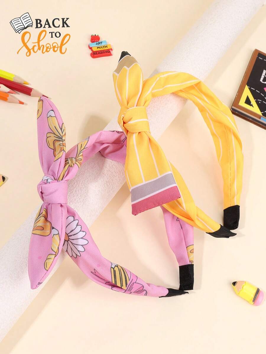 2pcs Back To School Headband For Students Pencil Bow Hairband Pencil Flower Stripes Pattern Bow Head Band Pencil Printed Bunny Ears Hair Band Cute Pink Yellow Pencil Headwear For First Day Of School Terms Begins Gifts Bow Headband Teens Hair Accessories