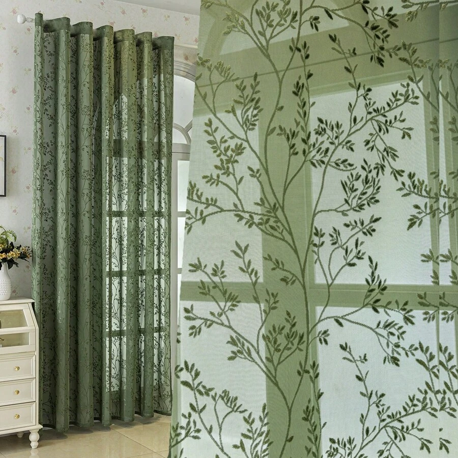 1 Panel Bohemian French Green Plant Jacquard Semi-Sheer Curtain, Rod Pocket, Modern Textured Fabric, Light Filtering, Home Decor For Bedroom, Living Room, Balcony