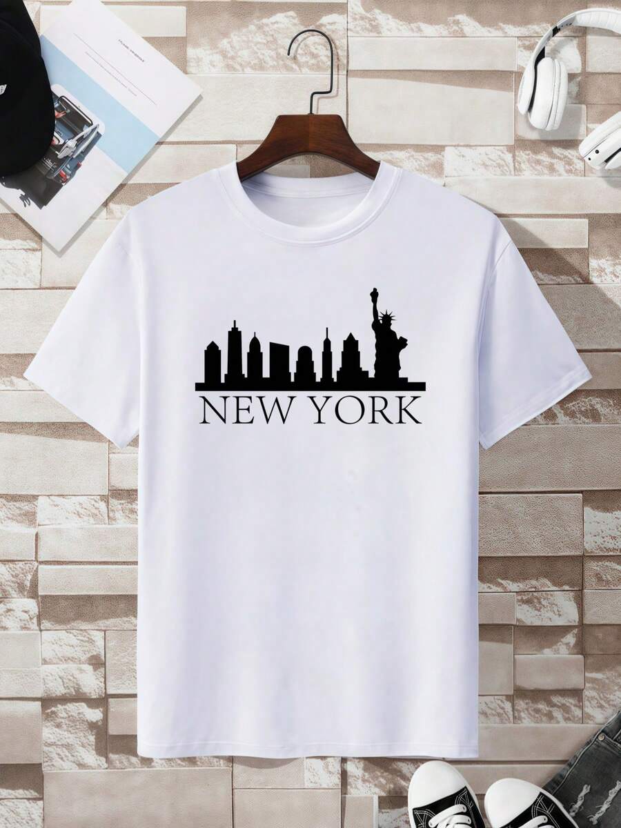 T-shirt girocollo da uomo con skyline di New York, elegante, 220 g/m², puro cotone, estiva, manica corta (1 pezzo)