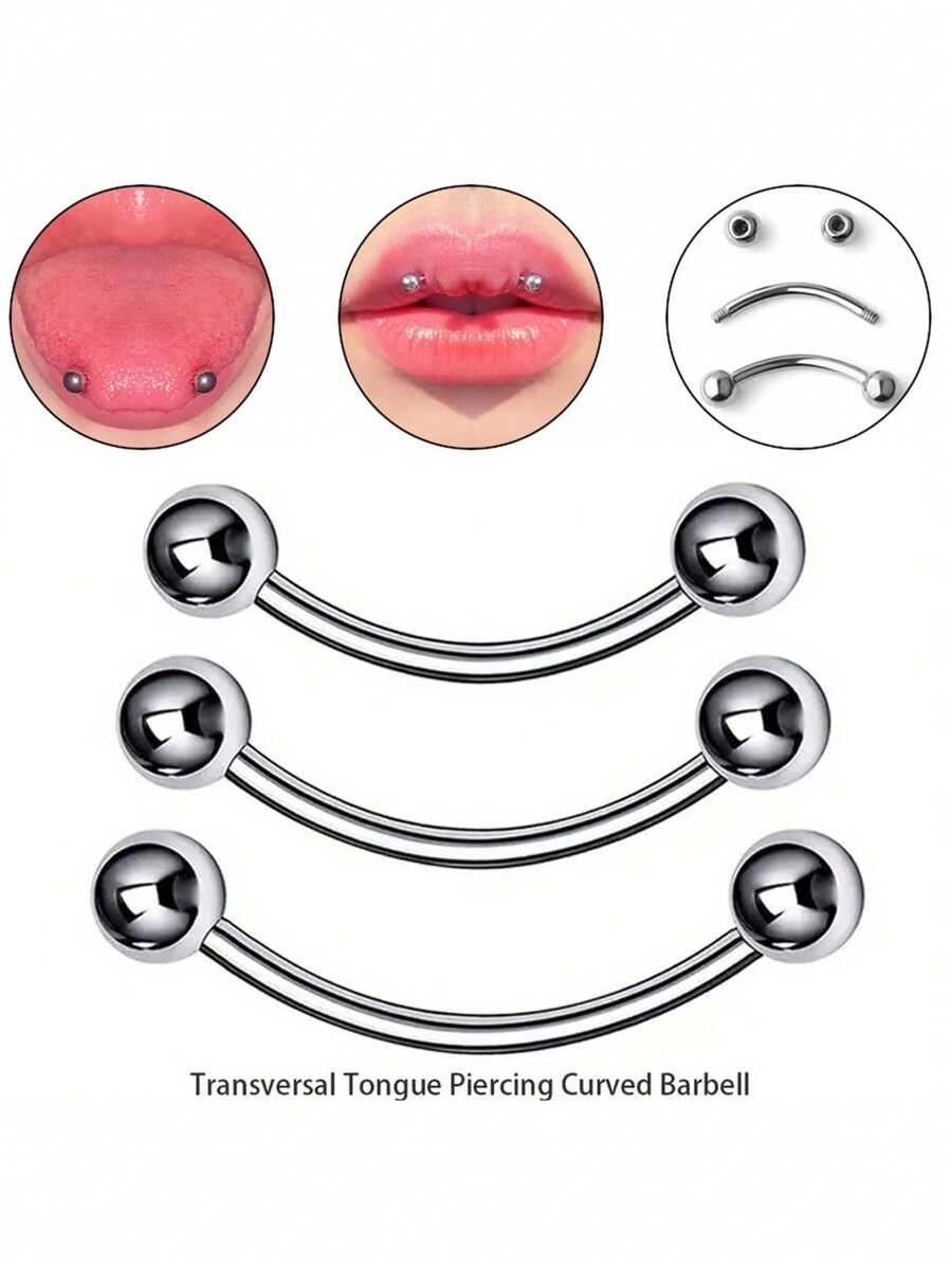 2pcs / Set De Piercing De Barbell Transversal De La Langue, Pointe De La Langue Courbée, Piercing De Lèvre Supérieure En Acier Inoxydable.