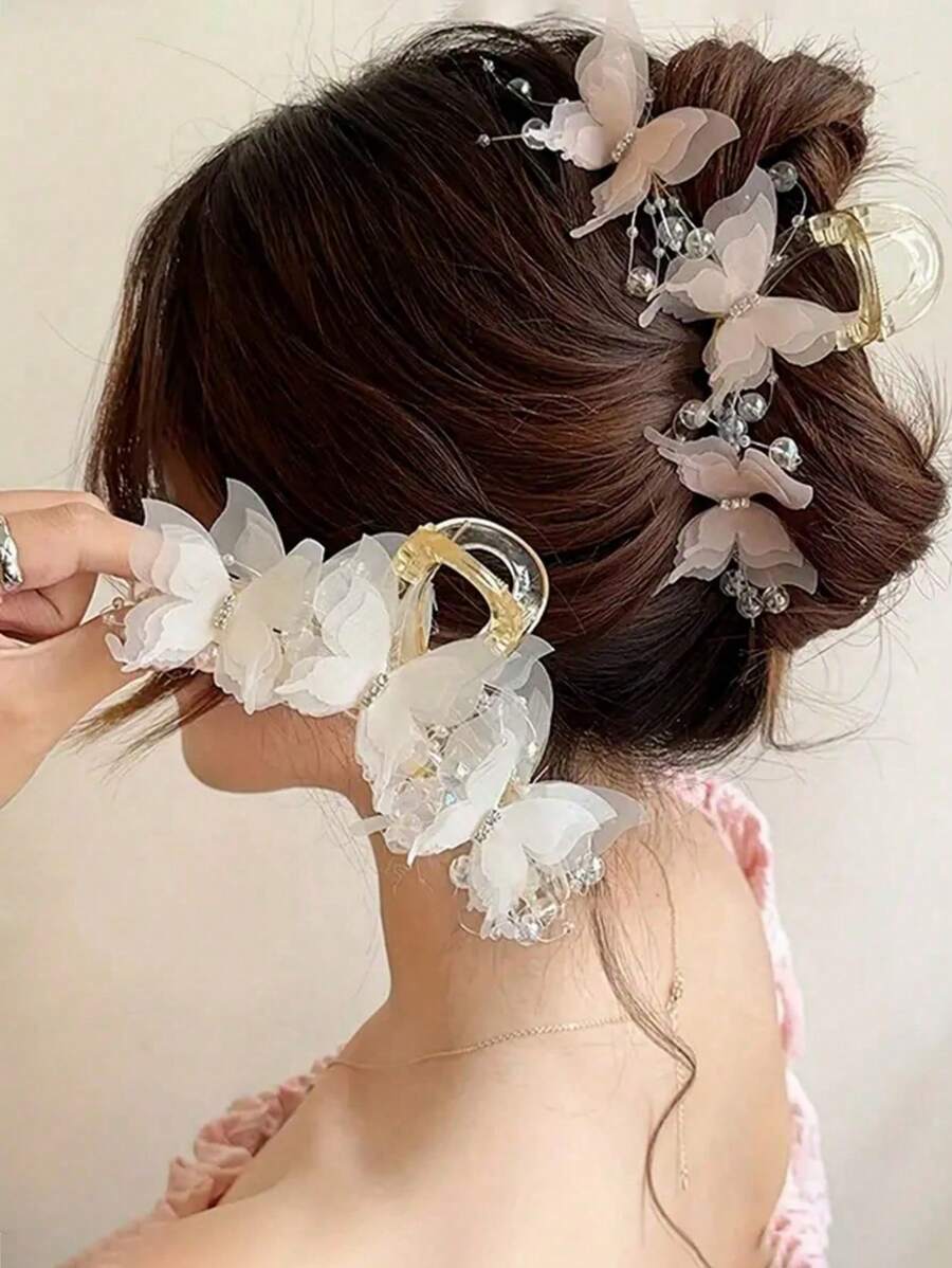 Schmetterling Haarclips, romantische Schmetterling-Perlen Haarclips, Hochsteck-Fee Haarclip mit Strass, rutschfester Haargreifer Accessoire, Haltekraft Greifer Haarzubehör für Frauen und Mädchen mit langem, dickem und dünnem Haar, 1 Stück/2 Stück, (Pink, Weiß, Blau, Lila)