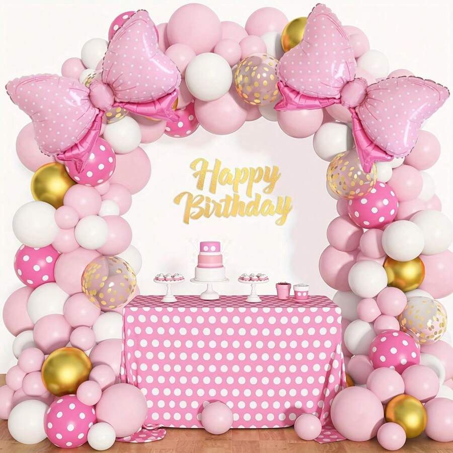 125pcs Pink Bow Balloon Arch Kit, Pink Balloons For Boys Girls Kids Birthday Decoration, Princess Birthday Party Decor, Valentines Engagement Decoration, Baby Shower, Gender Reveal, Wedding, Birthday, Room, Party Supplies