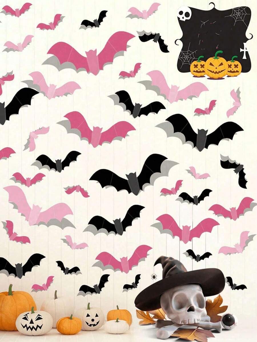 16pcs/Pink Bat Decor,Halloween 3D Bats Stickers,Halloween Bats Decoration, Bats Wall Decor,4 Different Sizes PVC Black 3D Scary Bat Sticker ,For Home Decor DIY Wall Decal Bathroom Indoor Hallowmas Party Supplies