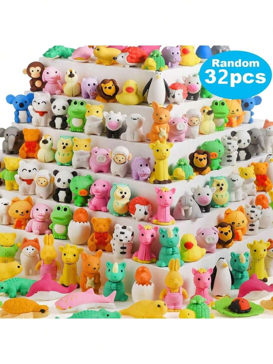 Set de 5/10/32/50 piezas de gomas de borrar con diseños de animales aleatorios y lindos - Gomas de borrar miniatura de animales para recompensas en el aula y regalos para fiestas, mascotas de colección para la mesa - Diversos estilos divertidos de papelería con mascotas, perfectos como incentivos para estudiantes y para llenar cajas de tesoros, gomas de borrar divertidas, aulas, papelería de goma linda