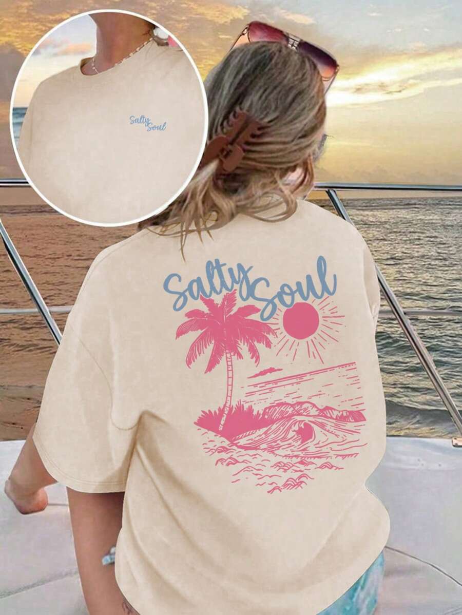 SALTY SOUL Women's Spring/Summer New Seaside Resort Coconut Tree Sun Printed Daily Casual Round Neck Short Sleeve T-Shirt Fashionable Dressing, Your Daily Vacation Essential. Vacation Outfits Women Graphic Tees Women