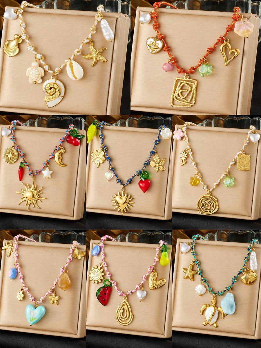 1 Creative, Personalized, Multi Colored Braided Rope Chain Necklace With Gold-Plated Circle, Geometric Shape, Sun Flower, Conch Pendant, Stainless Steel Collarbone Chain