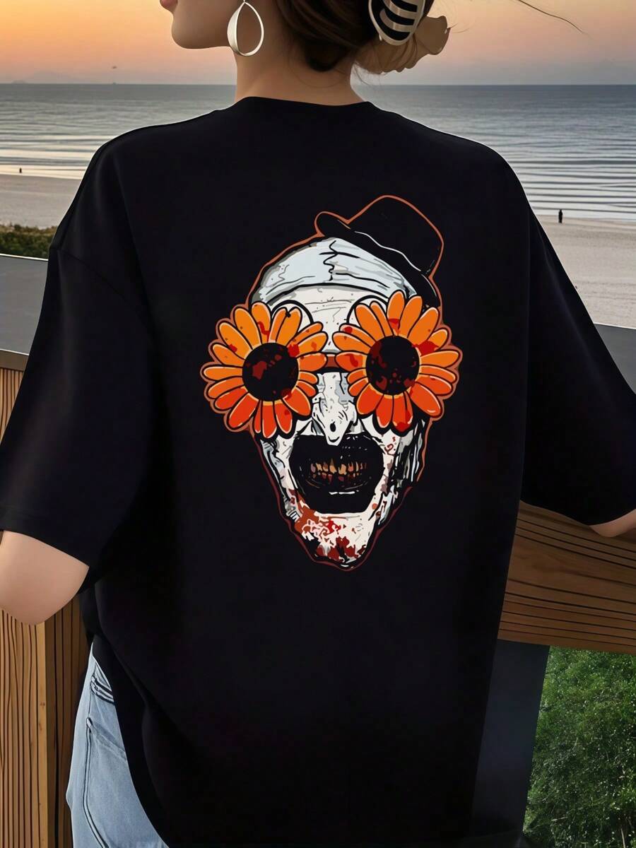 Camiseta con estampado de calavera y girasol para mujer, algodón de 220 g, cuello redondo y estampado en la espalda (1 unidad)