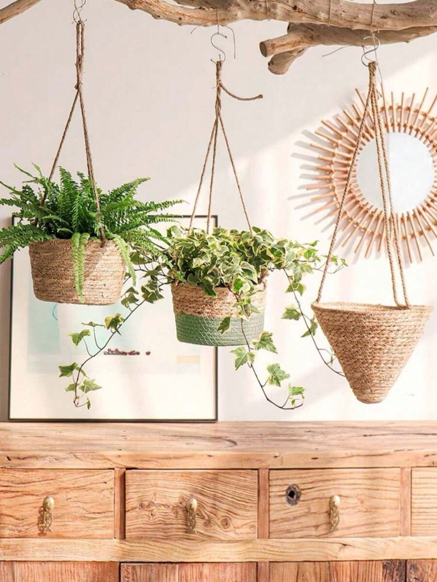 1pc/2pcs Woven Hanging Basket Flower Pot For Plants, Handmade Rattan Planter For Ivy