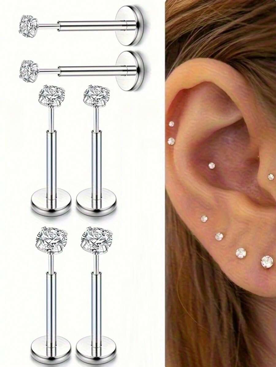 6pcs Cubic Zirconia Round Stainless Steel Stud Earrings/Nose Studs/Lip Rings For Daily Wear