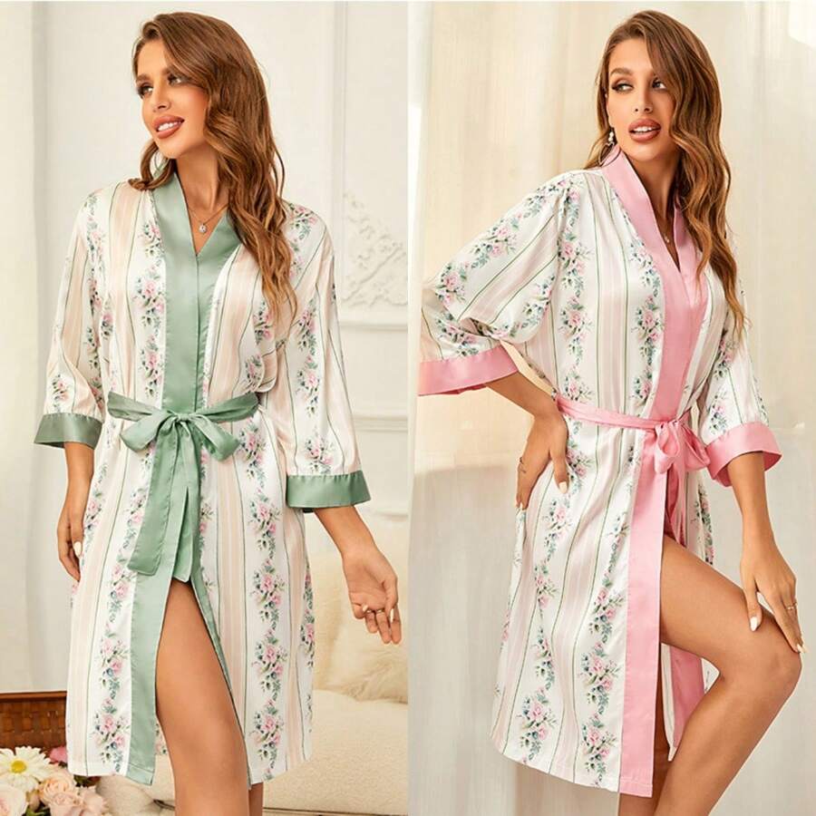 1pc Middle East Style Women Satin 3/4 Sleeve Silky Icy Silk Luxurious Long Robe Nightgown