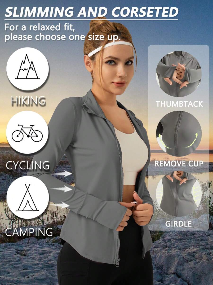 1 pieza Chaqueta de yoga de mujer de moda de primavera, sexy y delgada, unicolor, para uso diario, gimnasio, deportes, running, fitness, secado rápido, de bajo impacto, con cuello alto, abertura para el pulgar, para vacaciones, con cremallera, de manga larga, cómoda y suave, para deportes de verano al aire libre