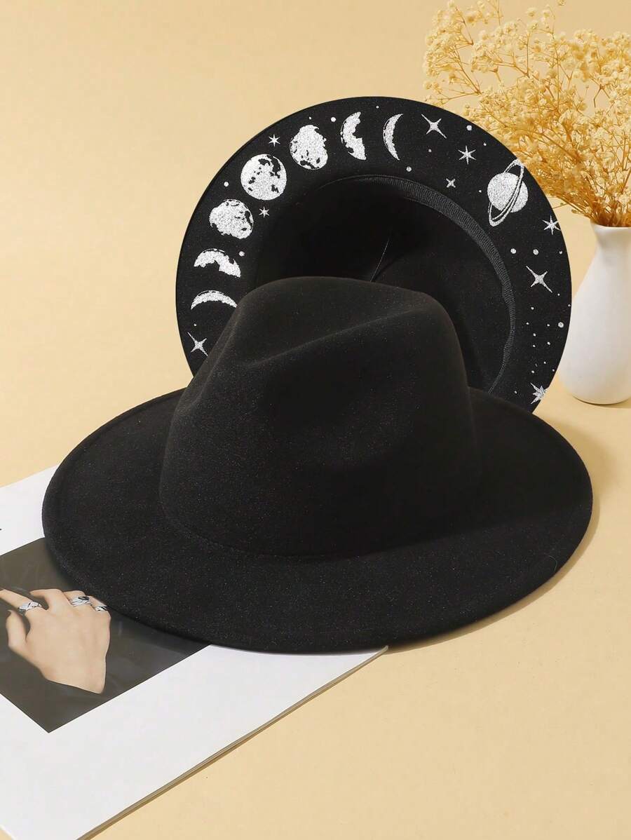 1pc Unisex Flat-Brimmed Jazz Hat, Printed With Celestial Elements, Suitable For Halloween And All Seasons, Autumn/Winter