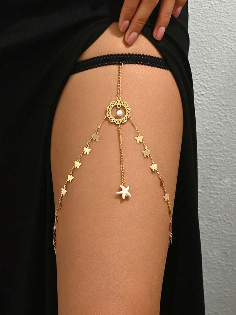 1 pieza Accesorio sexy para la pierna de la mujer, cadena de borlas de encaje, cadena de muslo de moda de lujo con elástico, joyería para el Body en la playa con forma de estrella de mar y rhinestones con borlas