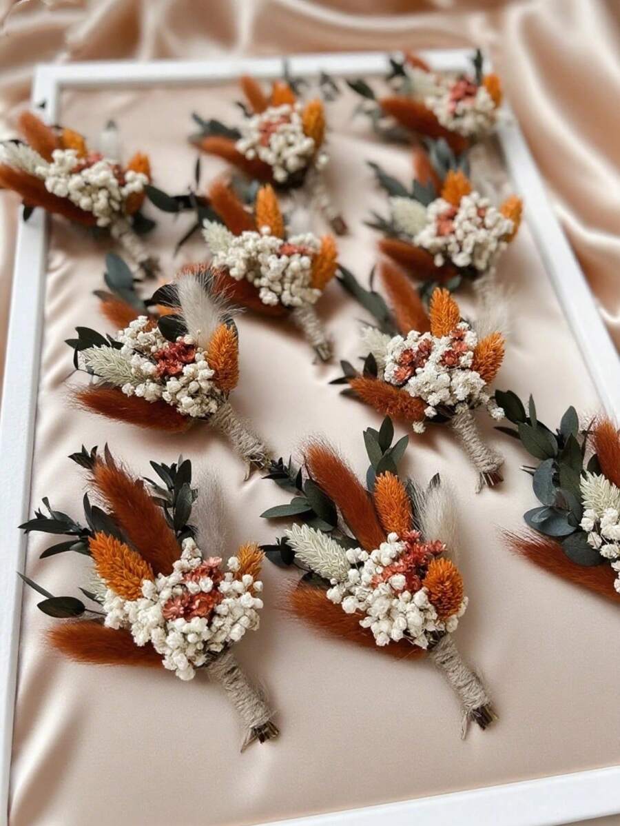 Conjunto bohemio de mini ramos de flores secas | Arreglos en botellas pequeñas | Decoraciones de mesa | Regalo en caja con iniciales, decoración de otoño