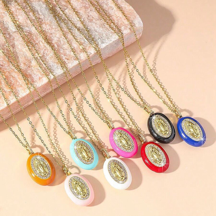 1 pieza Collar con colgante ovalado de estilo bohochic con deidad y acabado goteado, multicolor para elegir, idea de regalo para mujeres, perfecto para ocasiones formales, uso diario y como presente afectuoso