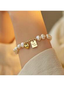 1Fang Brand Pearl Versatile Tag Gold Freshwater Pearl Bracelet