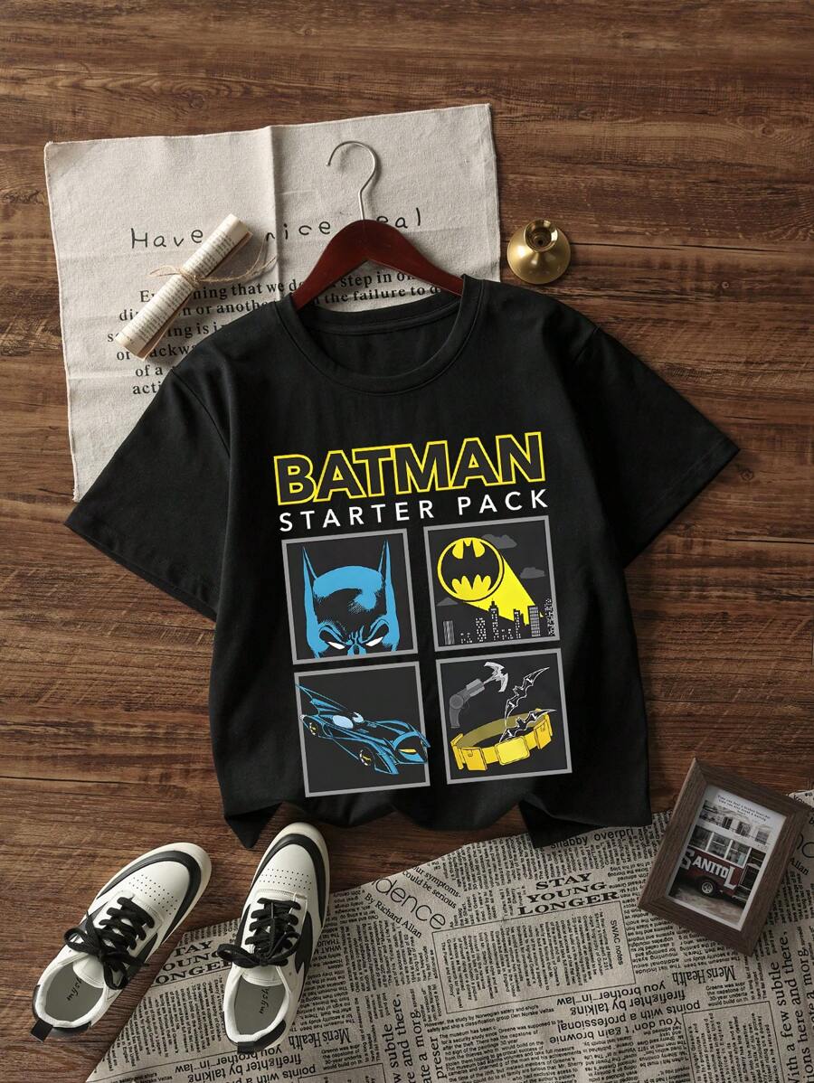 Camiseta de manga corta con estampado de dibujos animados de Batman en colaboración con Warner Bros, de uso informal para hombres en verano