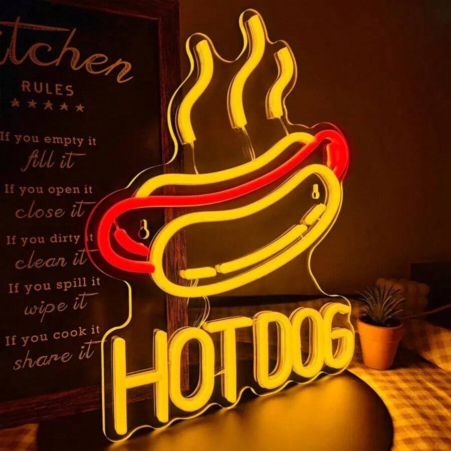 Hot Dog Neon Sign, Adjustable Brightness LED Light, Wall Hanging, USB Powered, Switch Control, Ideal For Bedroom, Home, Restaurant, Fast Food, Hot Dog Shop Decor, Unique Gift.