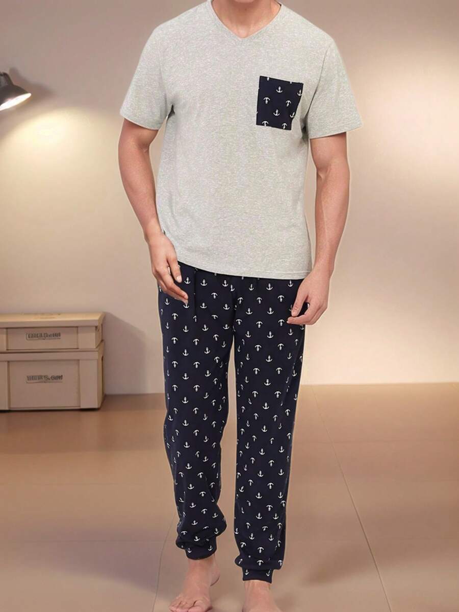 2pcs Men Pajama Set, Long Sleeve V-Neck Pullover Top And Long Pants Casual Sleepwear