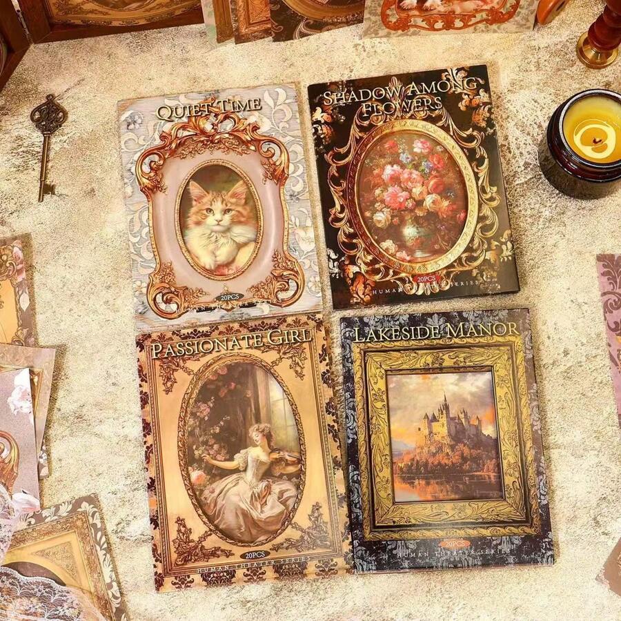 20 Stücke Retro Rokoko-Stil Kunstfotorahmen Katze Blume Handbuch Material Papier, mit verzierten Bilderrahmen-Elementen, klassischem Muster aus Katzen, Blumen, Palastmädchen und Schlosslandschaft, der Stil ist eher an europäischer klassischer Ölmalerei orientiert, geeignet für Handbuch-Collagen, Handarbeit, Wanddekoration, Geschenkverpackung, um eine nostalgische Atmosphäre in Cafés und Studios zu schaffen. Es ist auch ein Handbuch-Experte und Kunstschaffender, für Schulmaterial, Schulanfang