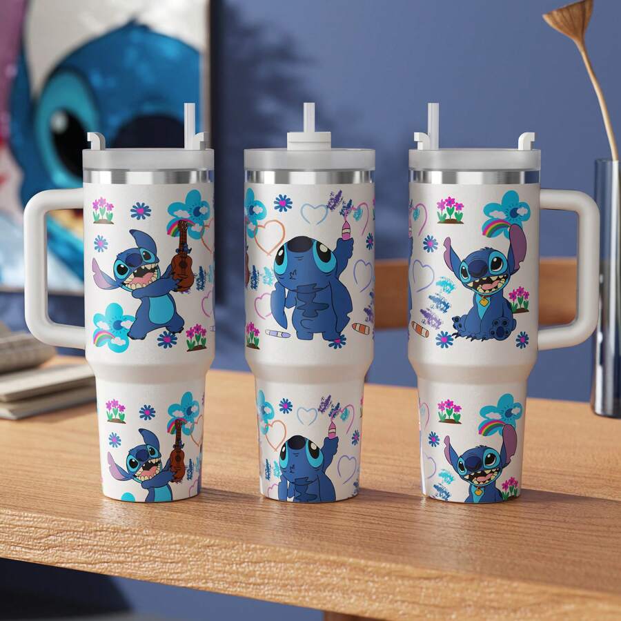 Disney 1 Peça Copo Térmico Isolado de Aço Inoxidável de 40oz Compatível com Stitch da Disney, com Alça e Canudo - Parede Dupla a Vácuo Isolada, Design Fofo de Stitch, Mantém Bebidas Quentes/Frias por Horas, Presente de Natal Perfeito para Fãs, Utensílio de Viagem | Design de Personagem Divertido | Utensílios de Bebida