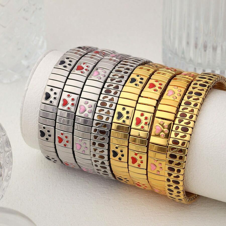 1PC Stylish And Simple Elastic Stainless Steel Bracelet With Paw Prints And Leopard Print Patterns, Suitable For Women's Daily Wear And As A Holiday Or Birthday Gift