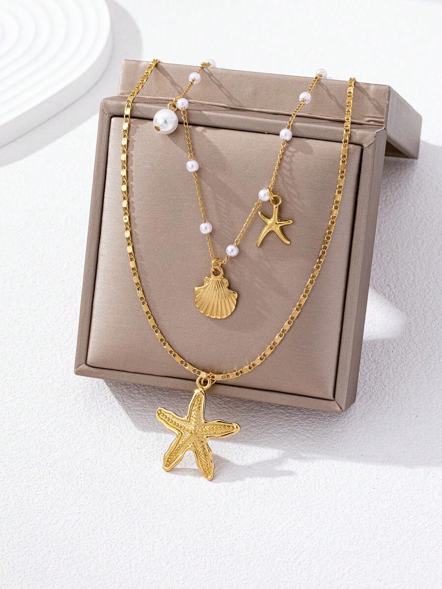 2pcs/Set Summer Refreshing Faux Pearl Starfish Pendant Necklace, Fashion Fashionable Ocean Life Pendant Jewelry Set, Suitable For Women's Daily Wear And Vacation, Beach, Photography Decoration, Handmade Chain Can Be Cut To