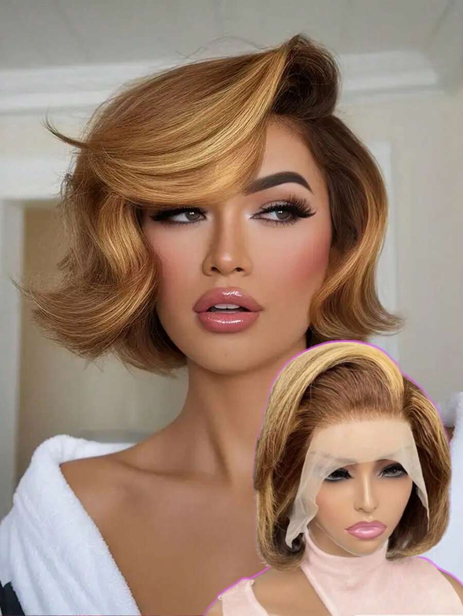 200 Density 4/27 Ombre Honey Blonde Highlight Short Straight Bob Wig 13x4 Straight Transparent Lace Front Wig Human Hair 220% Density Brazilian Virgin Bob Wigs Human Hair Natural Hairline 12inch