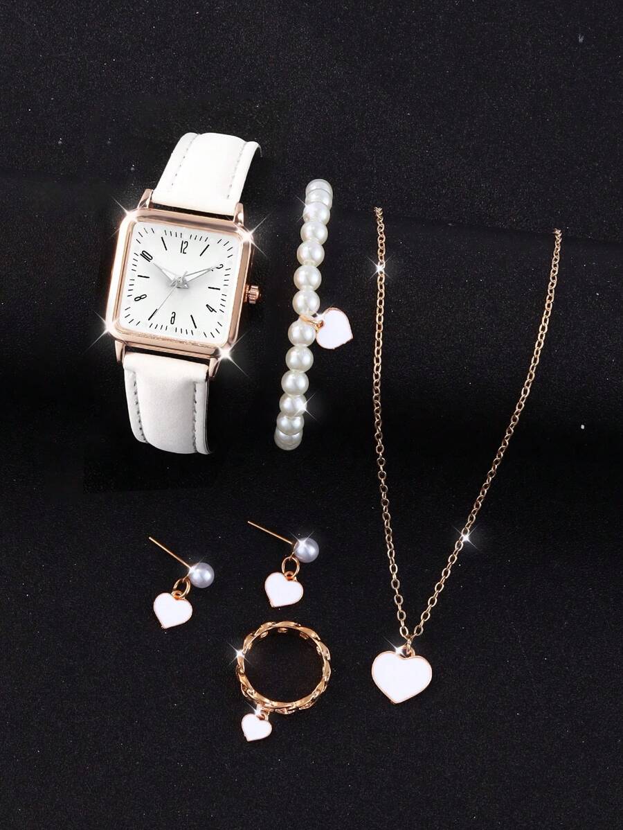 6pcs/Set Mini Square Watch With PU Leather Strap & Beaded Heart Jewelry Set (Bracelet, Necklace, Earrings, Ring, Bracelet), Suitable For Daily Wear, Back To School Gift For Friends