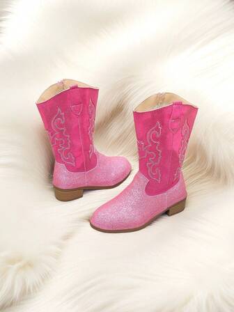 2025 Autumn/Winter New Teenage Girls' Warm Thermal Lined Tall Boots, Children's Embroidery Western Boots