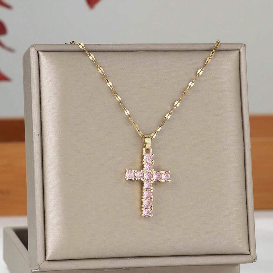 1 pieza Collar con colgante de cruz de circonia elegante para mujer, adecuado para citas, regalo de cumpleaños, regalo para mejores amigos