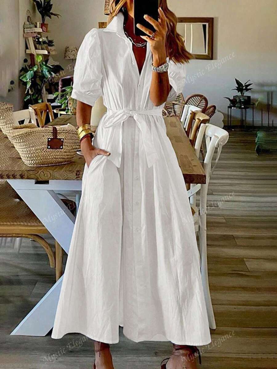 Women's Spring And Summer Thin Shirt Dress Open Collar Solid Color Loose Shirt Dress Tie Puff Sleeves Short Sleeves Non-Elastic Casual Commuting French Style Simple Slouchy Style Elegant Women's Vacation Wear Graduation Season Valentine's Day Independence Day Back To School Season Gift Ladies Dress