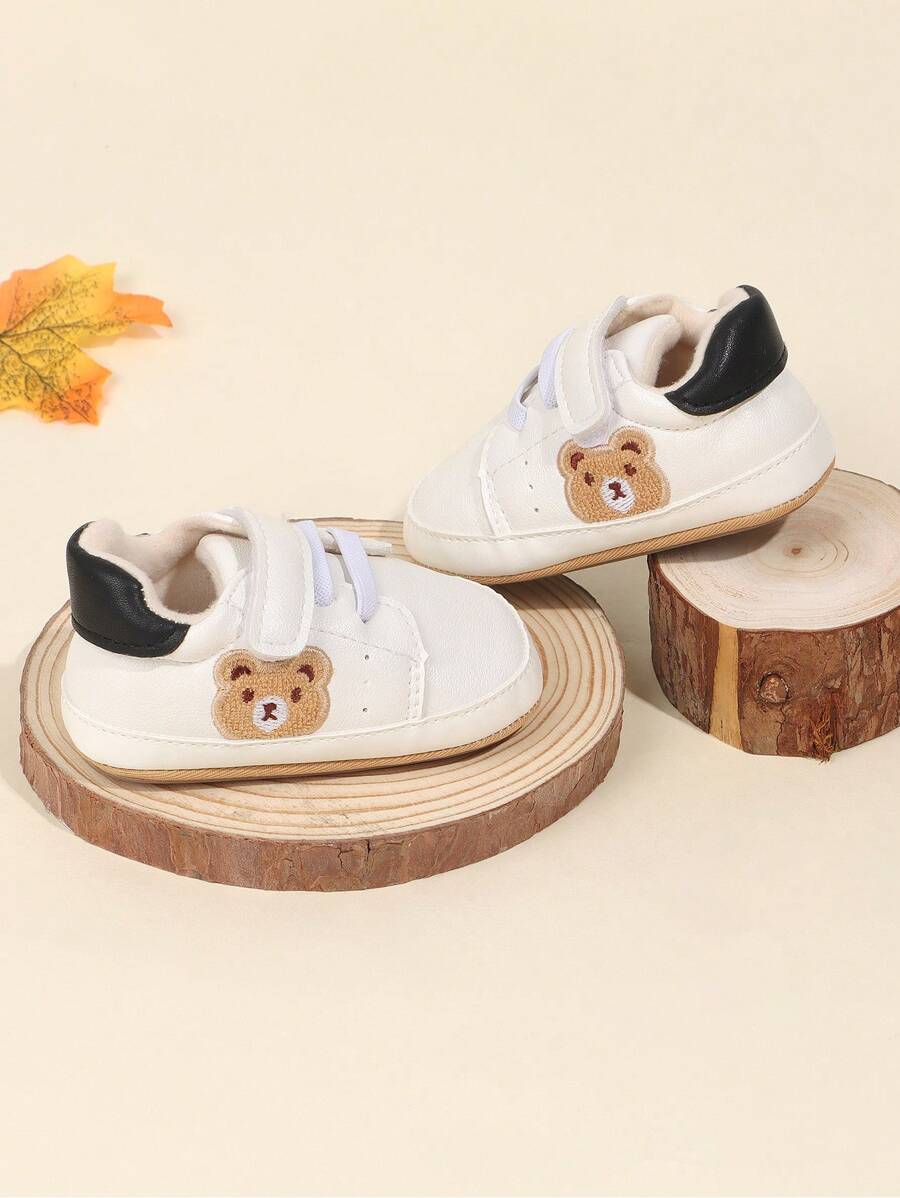 1 Paar Baby Jungen Cartoon Bär Stickerei PU Klettverschluss Design süße lässige Sneaker rutschfeste weiche Sohle Krabbel Schuhe, geeignet für Frühling/Herbst (0-12 Monate)