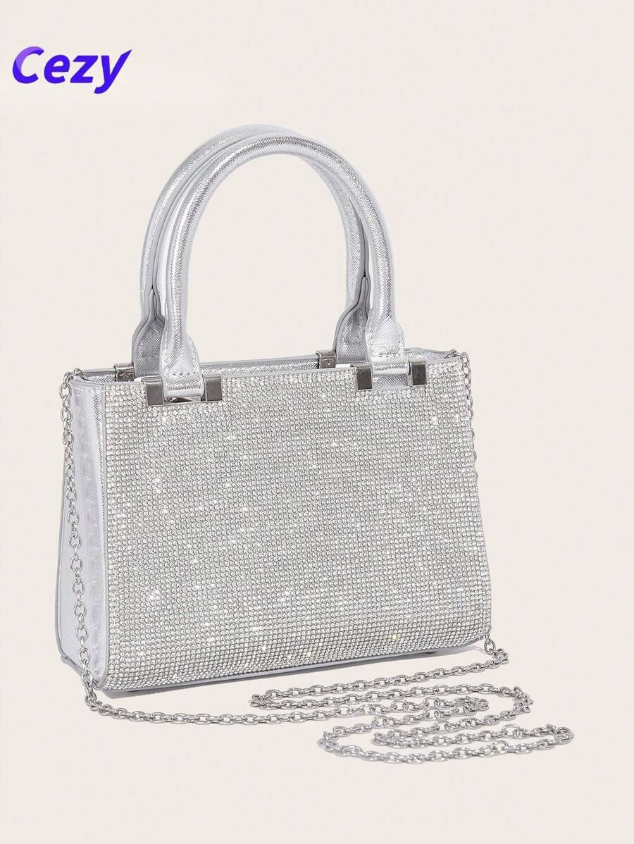 Cezy Bolso de mano con decoración de rhinestones plateados, correa de cadena desmontable y cierre con cremallera - Bolso de embrague de noche brillante para bodas, ocasiones formales, fiestas - Accesorio de moda de lujo para mujer, atuendo formal, con adornos de rhinestones
