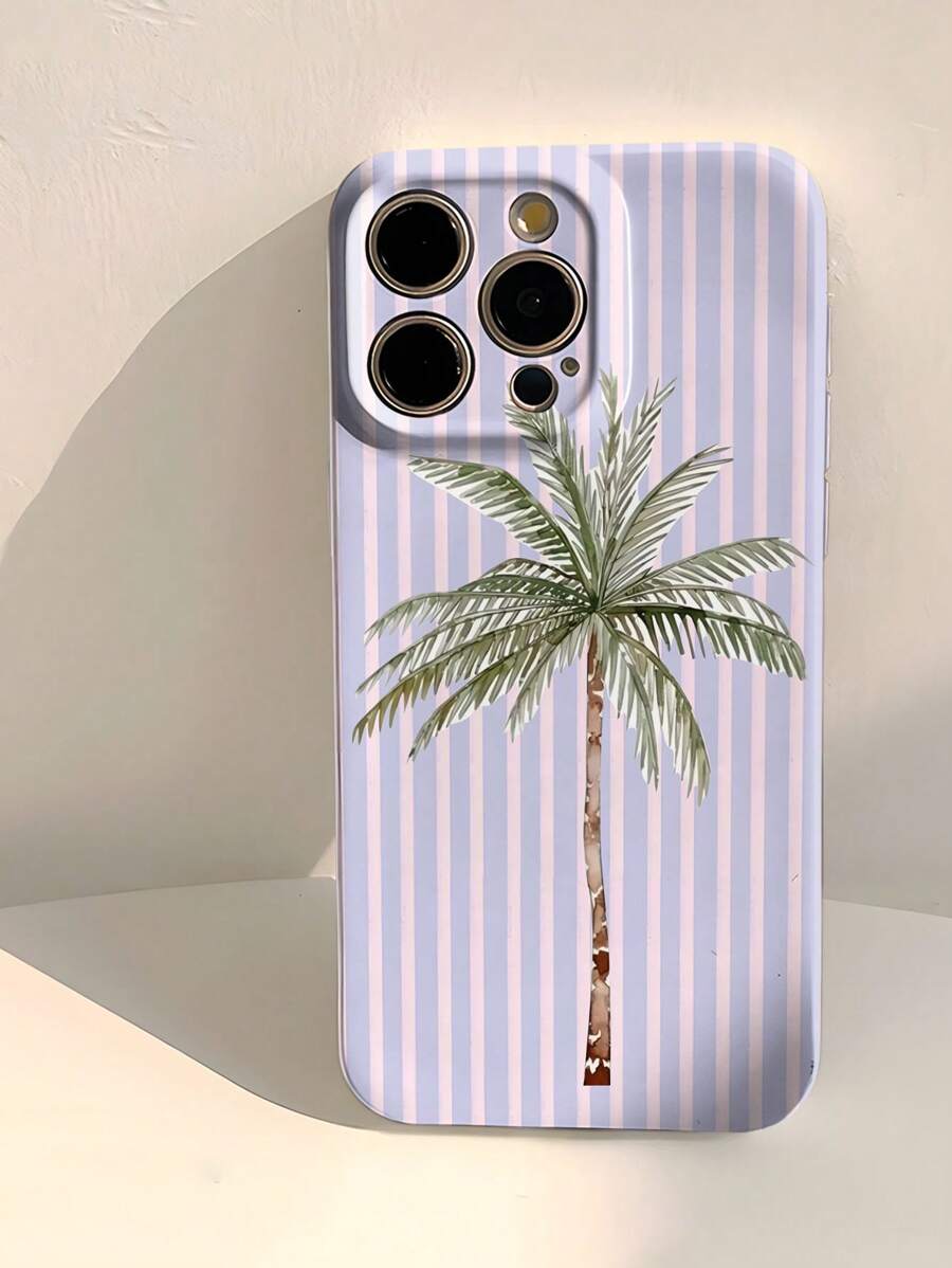 1 pieza Estuche de teléfono duro de fénol perforado con rayas, estilo de vacaciones, árbol de coco de acuarela brillante para iPhone 11/12/13/14/15/16 Pro Max