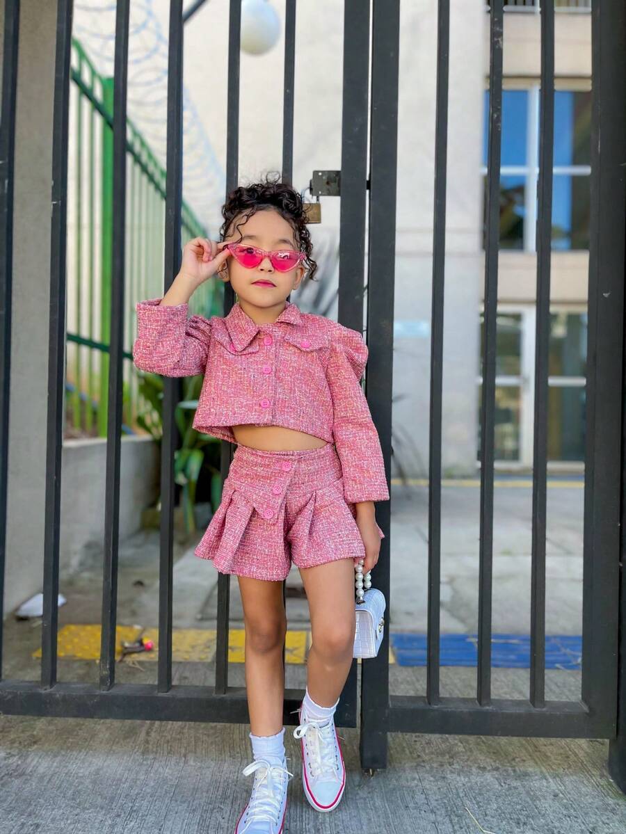 Flor de Lis - Conjunto Infantil Casaco Cropped e Short-Saia Tweed Rosa - Luxo e Estilo