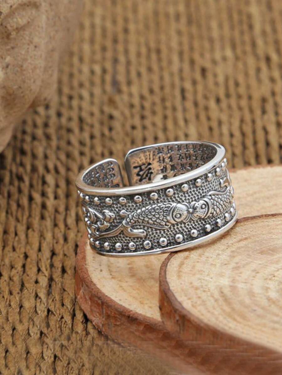 1pc Vintage Double Fish Heart Sutra Koi Fish Open Ring, Luxury Ring For Men, Versatile Daily Jewelry Gift