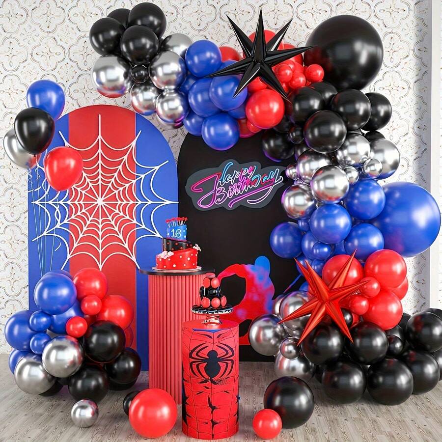 121 Stücke schwarze, rote und marine Ballon Bogen und Girlande Set, Spinnen Thema Ballon Bogen geeignet für Männer, enthält Sternballons und Folienballons, ideal für Baby Shower, Spinnen Thema Geburtstags-Party Dekoration