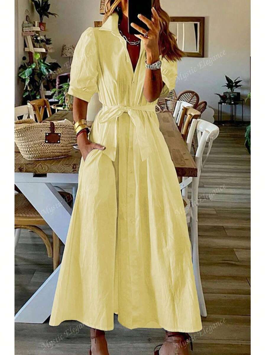 Women's Spring And Summer Thin Shirt Dress Open Collar Solid Color Loose Shirt Dress Tie Puff Sleeves Short Sleeves Non-Elastic Casual Commuting French Style Simple Lazy Style Temperament Elegant Women's Vacation Wear Graduation Season Valentine's Day Independence Day Back To School Season Gift Ladies Dress