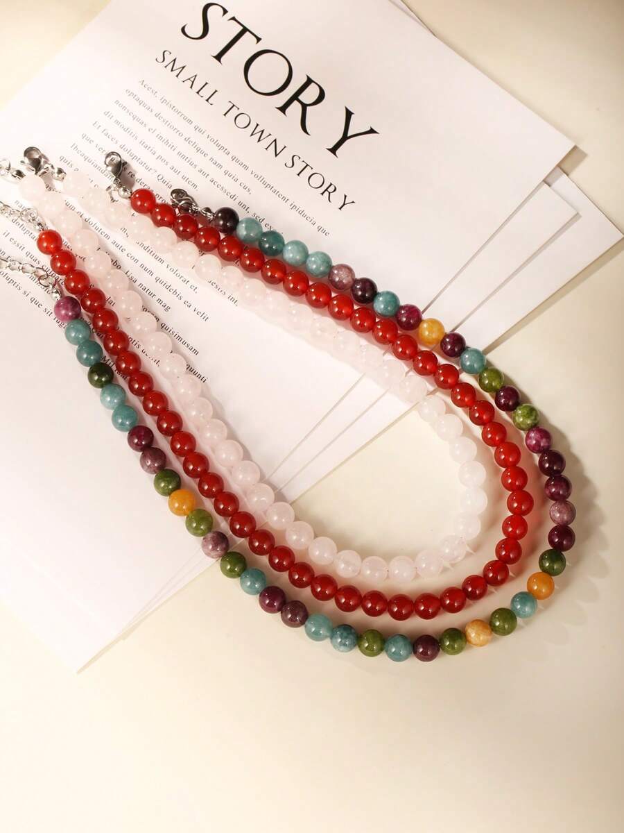 1 pièce Collier de mode bohème en pierre naturelle de 8 mm pour femmes. Collier de perles colorées en tourmaline et cristal rose pour femmes