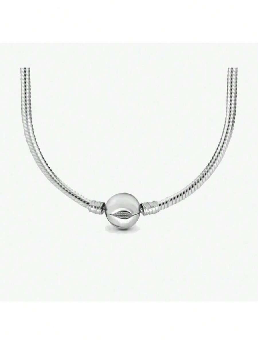 1pc Fashionable Personalized Round Beaded Stainless Steel Circle Clasp Necklace, DIY Pendant Accessory For Women
