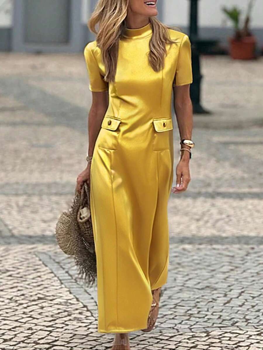 Elegante abito a-line di colore giallo senape per donna - maniche corte alla moda, perfetto per la primavera e l'autunno