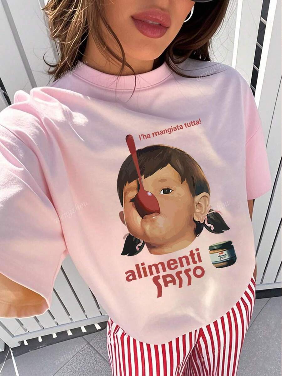 Camiseta casual de cuello redondo de manga corta con estampado de niña para mujer, primavera y verano