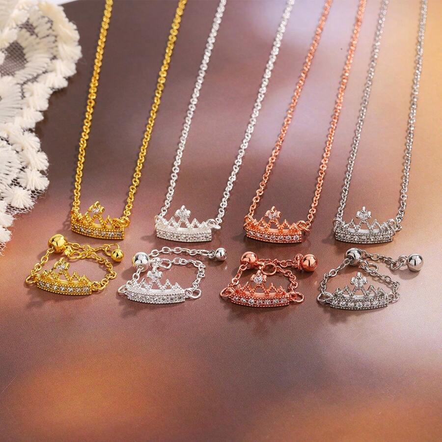 1pc Fashion Zirconia Inlaid Crown Chain Adjustable Ring, Lightweight Luxury Versatile Open Knuckle Finger Ring, Daily Wear Accessory Gift For Women