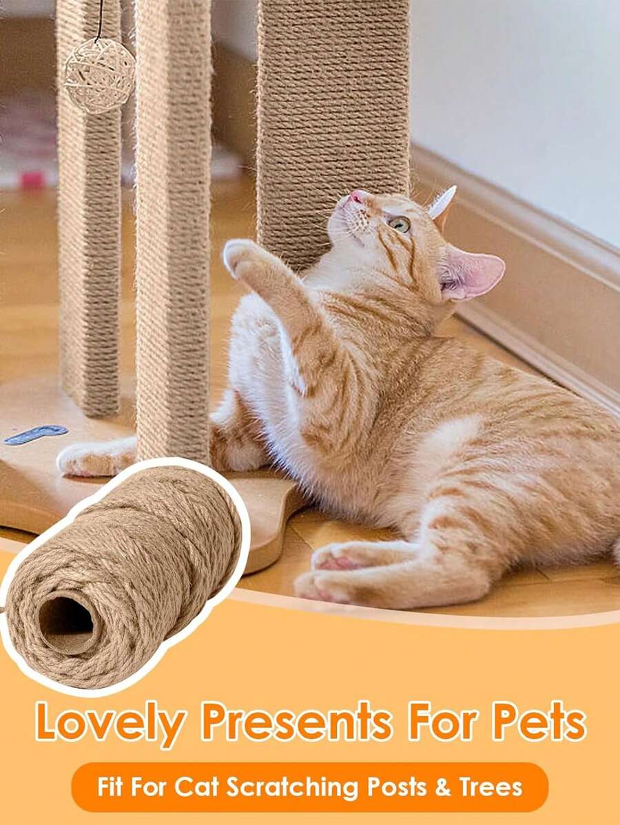 Corde de jute naturelle pour chats, ficelle, corde pour chats, corde de sisal pour arbre à chat - ficelle rustique et solide pour faire des griffoirs DIY pour chats, de l'artisanat, de la décoration intérieure, de l'emballage et de la suspension - jouet pour chat durable et de haute qualité et fournitures d'artisanat, ficelle de jardin, emballage et décoration d'intérieur, accessoires pour chats