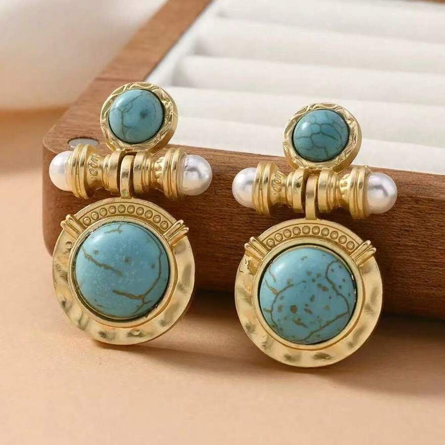 1 Pair Vintage Style Copper Plated Gold Inlaid Turquoise & Pearl Earrings For Women, Gift For Dates & Gatherings