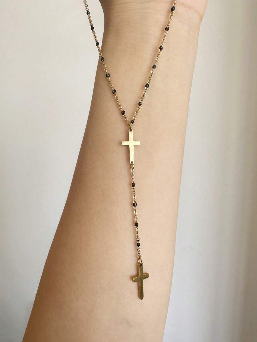 1pc Fashionable Simple Cross Oil Drop Y-Shaped Tassel Stainless Steel Necklace, Suitable For Women Daily Wear, Gift For Friends