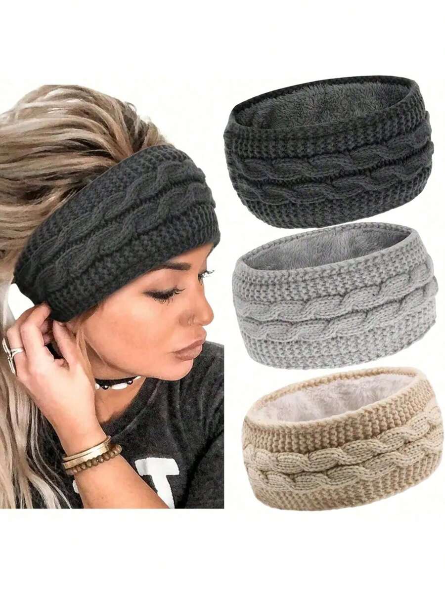 1pc, 45g Thick Rib Knit Headband, Solid Color Elastic Ear Warmer Headband, For Daily Use, Autumn/Winter, Fleece Lined, Stretchy