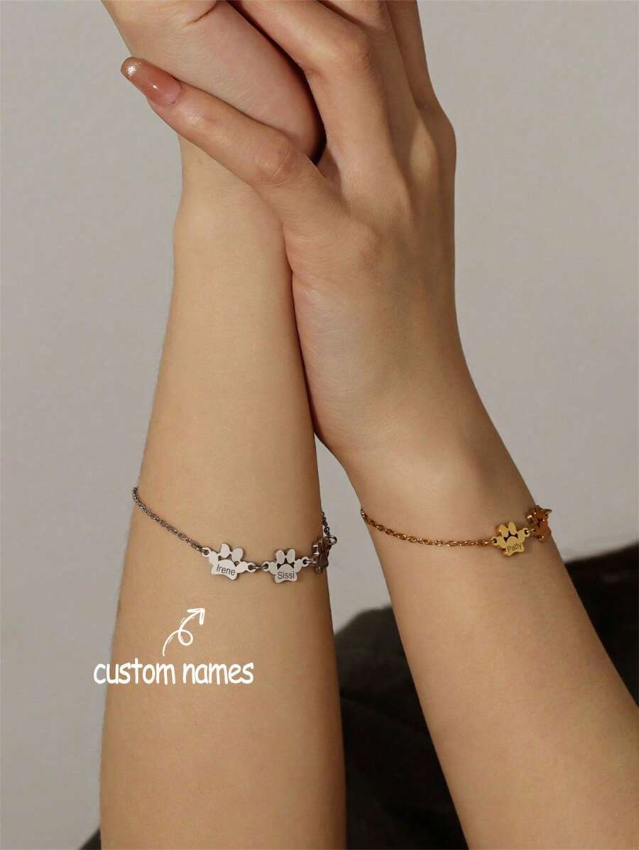 1pc Customized Paw Print & Name Bracelet, Minimalist Name Bracelet, Dog/Cat Lover Jewelry, Gift For Her, Christmas Gift, Gift For Family, Birthday Gift, Mother's Gift, Anniversary Gift, Graduation Gift
