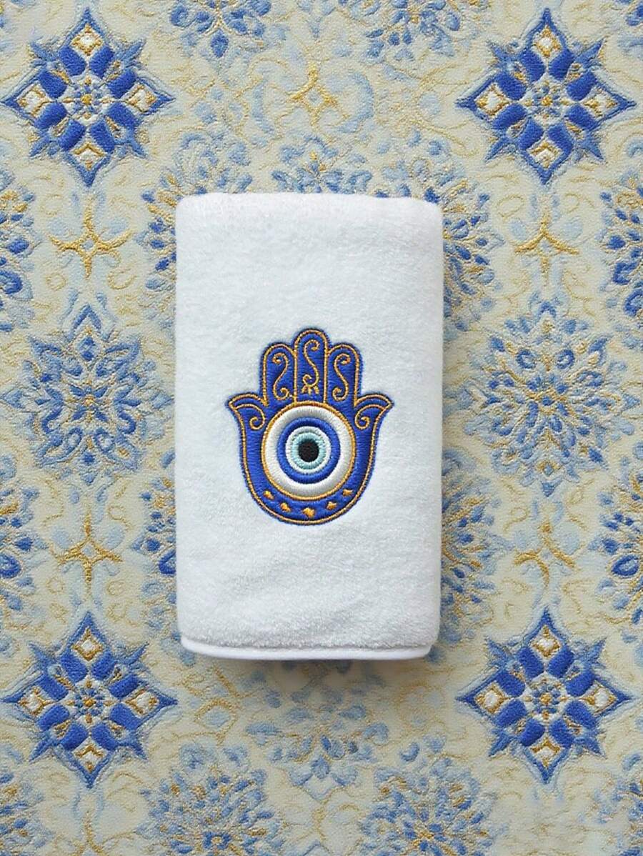 1pc 35x75cm Coral Fleece Fatima Hand Evil Eye Embroidered Towel, Suitable As Holiday Gift, Home, Kitchen, Bathroom Decor Back To School
